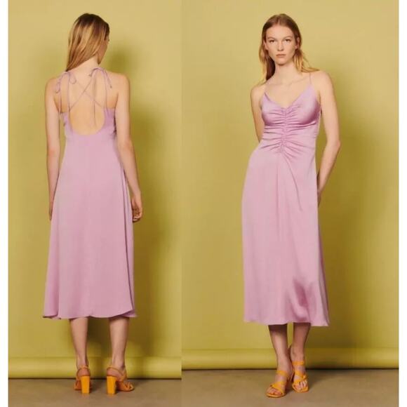Sandro Midi Dress 6 Praline Lilac Slip Spaghetti Straps Ruched SatinNWT - Picture 1 of 8